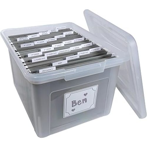 Kid's Craft Memory Keepsake Organizer Box - Clear Storage Latching Bin with Hanging File Folders and Custom Tab Inserts (Gray)