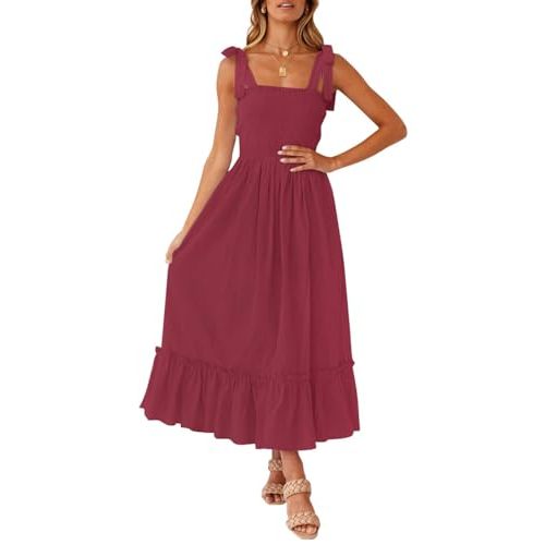 ZESICA Women's 2025 Summer Boho Spaghetti Strap Square Neck Solid Color Ruffle A Line Beach Long Maxi Dress