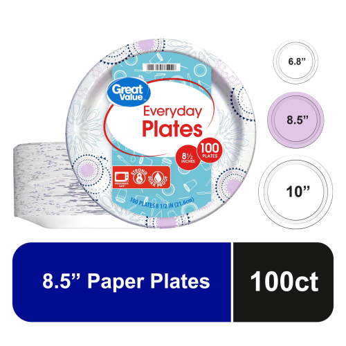 Great Value Disposable Paper Plates, 8.5 inch, 100 Count, Microwave Safe