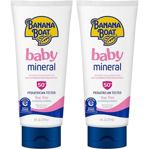 Banana Boat 100% Mineral Baby Sunscreen Lotion SPF 50 Twin Pack | SPF 50 Sunscreen for Babies, Baby Sunblock Lotion, Oxybenzone Free, 6oz each