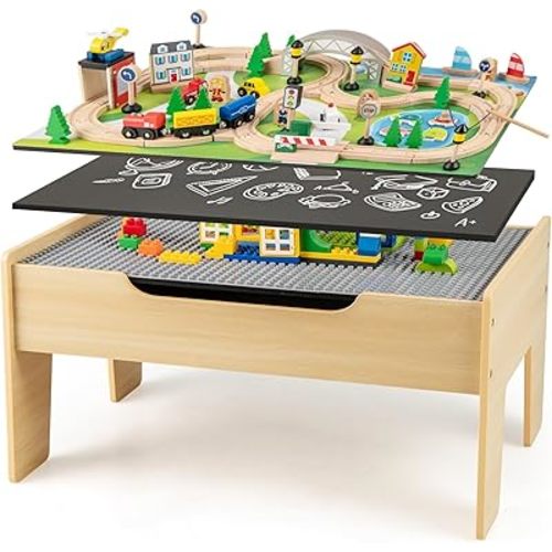 Costzon Train Table, 5 in 1 Kids Activity Wooden Set w/ 78 Pieces Railway Playset, Reversible Map Top, Blackboard, Building Bricks Station & Large Storage Space, Toddler Sensory Table for 18 M+