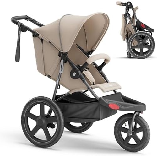 Jogging Stroller, All-Terrain Frame, 12"/16" Inflatable Tires with Angled Valve, Disc Hand Brake & Foot Brake, Adjustable Handlebar, Foldable Jogger Stroller for Babies & Toddlers, Khaki