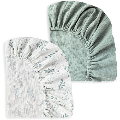 JELLYMONI Muslin Crib Sheets for Girl Boy, 2 Pack 100% Cotton Baby Fitted Crib Sheets for 52''x28'' Standard Crib Mattress, Soft Muslin Cotton Baby Sheet
