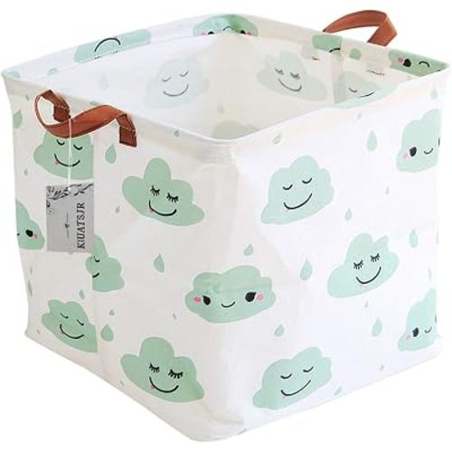 Square Storage Bins Canvas Collapsible Storage Basket with Handles Toy Organizer for Nursery, Kid's Toys, Closet & Laundry, Gift Baskets (Green Cloud)