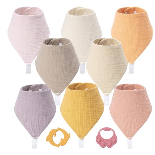 8-Pack Muslin Baby Bibs for Drooling and Teething | Soft& Absorbent, 100% Cotton, Adjustable Neck Fit, Newborn to Toddler 0-36M, with 2 teethers for everyday use