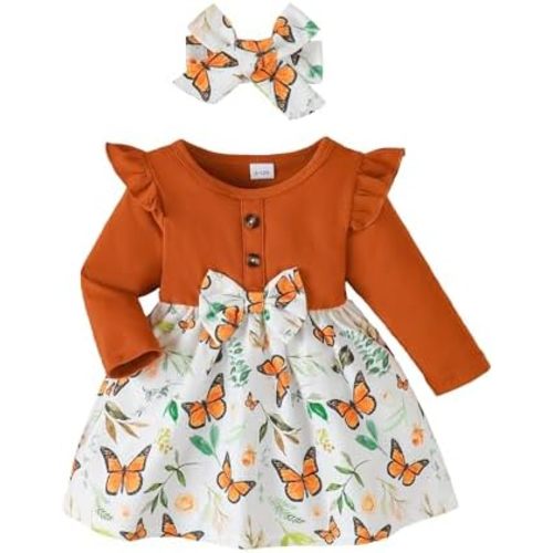 YWFSHOP Baby Toddler Girl Dress Outfit Fall Winter Clothes Crew Neck Corduroy Long Sleeve Dresses with Bow Headband