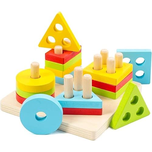 WOOD CITY Wooden Montessori Sorting & Stacking Toys for Toddlers 1 2 3 Year Old, Educational Shape Color Recognition Puzzle Stacker, Development & Learning Toys Boys Girls