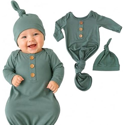 Caden Lane Newborn Knotted Gown with Hat, Soft Bamboo Viscose Baby Sack, Unisex Infant Breathable Night gown Emerald
