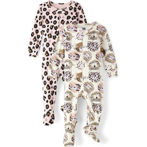 The Children's Place Baby Girls' and Toddler Snug Fit 100% Cotton Zip-Front One Piece Footed Pajamas 2-Pack - 0-3 Months - Cat Faces/Little Lamb