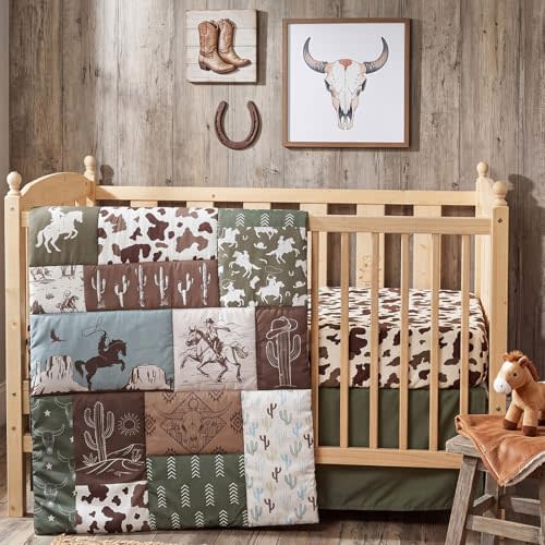 Peryiter 3 Pcs Western Cowboy Crib Sheet Set Baby Crib Bedding Set Includes 52"x28" Fitted Sheet, Quilt, Bed Skirt for Newborn Boy Girl Cute Nursery Newborn Sheets Decor