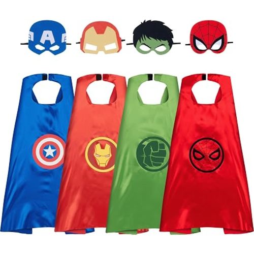 MARVEL Official Avengers Youth Cape Set - Four Satin Capes and Felt Masks of Captain America, Iron Man, Spider-Man, and Hulk