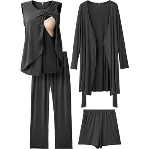 Rnxrbb 4 PCS All-Season Nursing Pajamas Robe Set Maternity Postpartum Pjs | Spring,Summer,Fall&Winter Nursing Sleepwear,Home&Hospital Labor&Delivery Breastfeeding Clothes,Adjustable Waistband