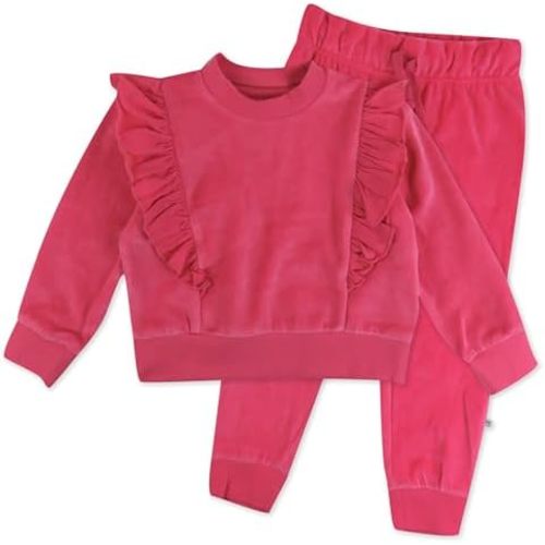 HonestBaby baby-girls 2-piece Velour Ruffle Front Sweatsuit 100% Organic Cotton for Infant Baby Girls
