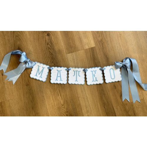 Custom Baby Name Banner - Blue Ribbon & Blue Embroidered Letters for Baby Boy Nursery, Birthday or Shower Decor
