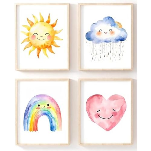 Girls Rainbow Canvas Wall Art Set of 4, Watercolor Sun Clouds Heart Wall Art Print, Bohemian Kids Sunshine Painting Wall Decor For Classroom Kids Room Baby Room Bedroom Dorm Decor（8’’X10''Unframed）