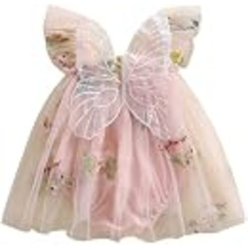 Little Girls Embroidery Flower Tulle Mesh Butterfly Dress with Wings | A-line Flutter Sleeve Pleated Mesh Tulle Dress Holiday Party Princess Birthday Fairy Dress for Toddler Little Girl 1-6Years