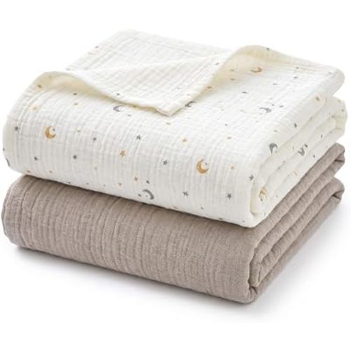 Baby Muslin Swaddle Blankets 2 Pack – Textured Double Gauze Cotton Baby Blanket – No-Iron Soft Breathable Swaddle Wraps – Absorbent Burp Cloths & Newborn Essentials Couverture Douce
