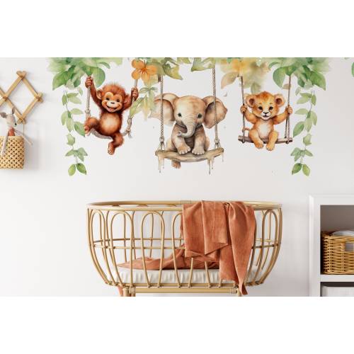 Safari Animals on Swings Wall Decals: Jungle Nursery Decor