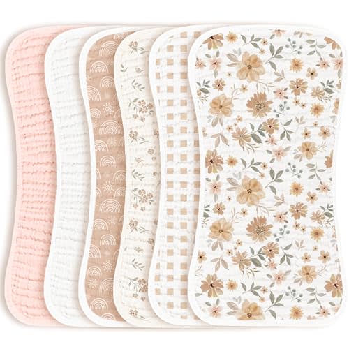 Konssy Muslin Baby Burp Cloths Sets for Unisex- 6 Pack Large 100% Cotton Burping Clothes for Newborn, Baby Girls and Boys