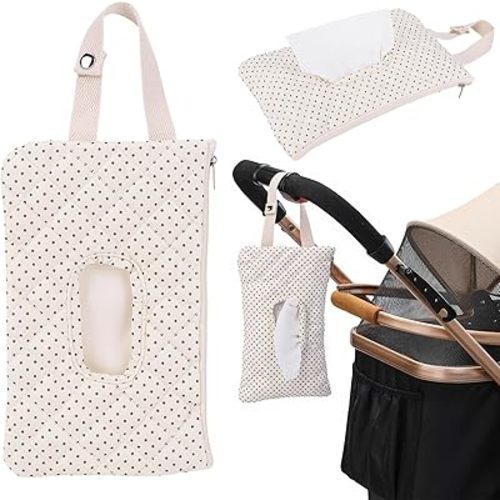 Quilted Baby Wipe Holder, Canvas Floral Quilted Pouch with Hanging Strap, Portable Diaper Wipe Holder for Travel Stroller-Polka Dots