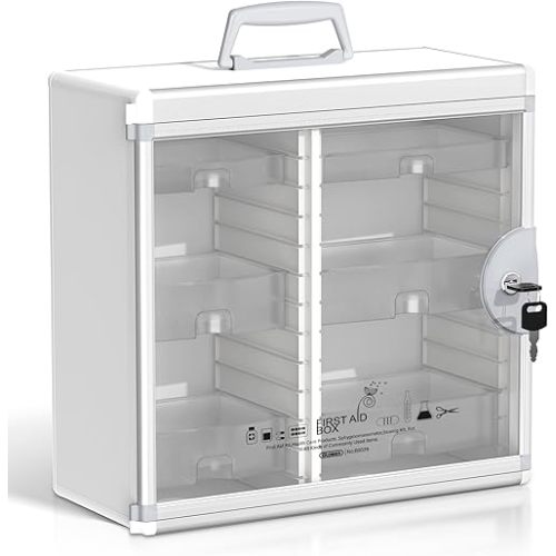 Glosen Lockable Medicine Cabinet with 6 Removable Trays, Wall Mounted & Portable Locking Medicine Cabinet Organizer with Key Lock for Home, Bathroom, Office - Aluminum Frame(15.63 * 6.5 * 15.43Inch)