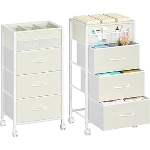 4-Tier Baby Diaper Caddy Organizer Cart with 3 Storage Drawers, Rolling Cart with Dividers & Side Pockets for Nursery, Baby Essentials, Toys, Wipes & Creams, Portable Baby Storage Cart & Station