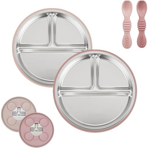 PandaEar Baby Feeding Set 4 Pcs, 2 Pack Stainless Steel Suction Plates & 2 Pack Spoons Set, Divided Plates for Baby Led Weaning Supplies, BPA-Free (Dark pink/Light pink)
