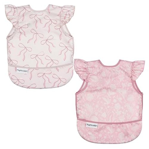 Tiny Twinkle Mess Proof Baby Bibs | 2 Pack Waterproof Toddler Bib for Eating | Baby Apron for Feeding, Machine Washable, Perfect Shower Gift (Bows,Toile, 6–24M)