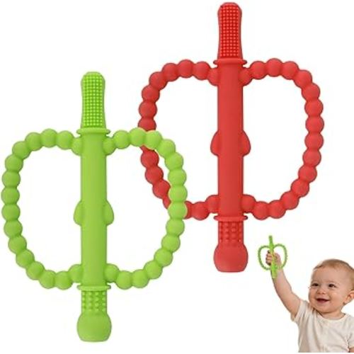 Fu Store Hollow Teether Tube 2 Pack Apple Shape Chew Straw Sensory Toy for Infant Toddlers Silicone Tubes Teething Toys for Babies 0-6 0-12 0-36 Months Gifts Teething Relief Soothing Gums (Red Green)