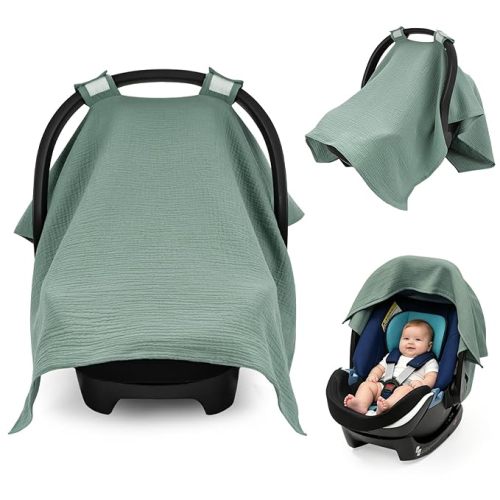 100% Muslin Cotton Car Seat Cover Baby, Universal Carseat Covers, Breathable Baby Car Seat Canopy for Boys Girls, Soft Infant Car Seat Cover for Summer —Green