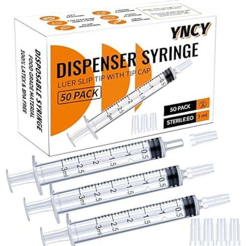 3ml Syringes with Cap, Luer Slip Tip, Whole Pack Bulk Sterile Sealed, No Needle, 50 Pack