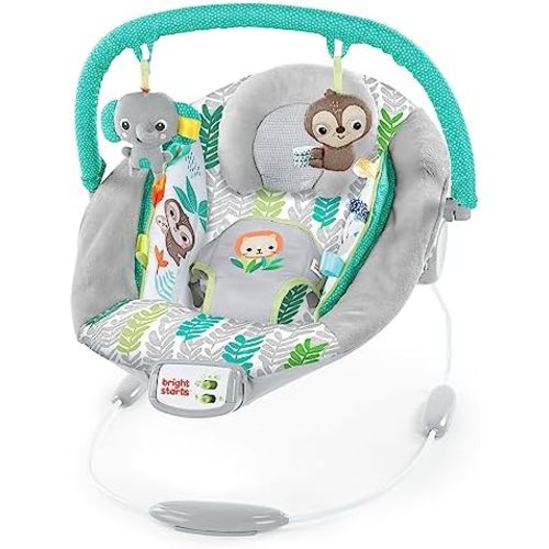 Bright Starts Comfy Baby Bouncer Soothing Vibrations Infant Seat - Taggies, Music, Removable Toy-Bar, 0-6 Months Up to 20 lbs (Jungle Vines)