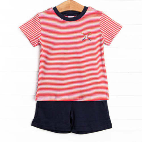 At the Ballpark Pima Embroidered Short Set, Red Stripe – Stitchy Fish