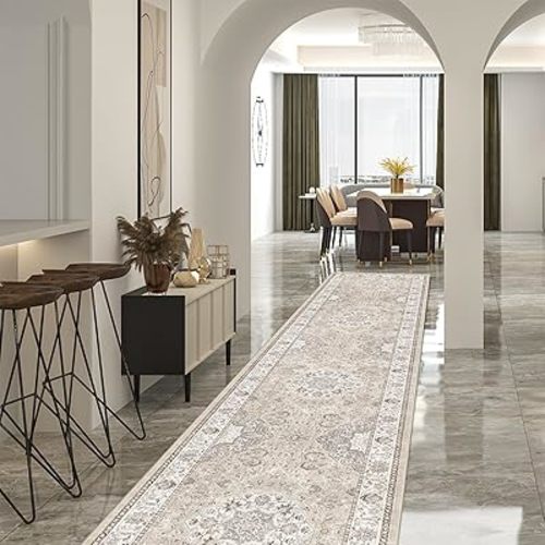 Hallway Washable Runner Rug - 2'6x14 Kitchen Rugs Entryway Rug Runner Vintage Soft Floor Mat Non Slip Indoor Farmhouse Carpet for Bathroom Living Room Bedroom (2'6''x14', Beige)