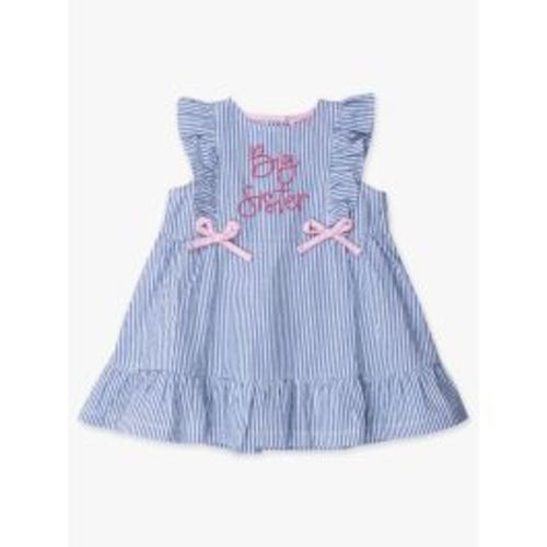 Hot Pink Big Sister Embroidered Classic Blue Seersucker Sleeveless Pinafore Bow Dress
