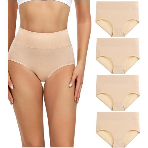 wirarpa Women's Cotton Postpartum Underwear High Waisted Ladies Panties Full Coverage Briefs 4 Pack Beige Medium
