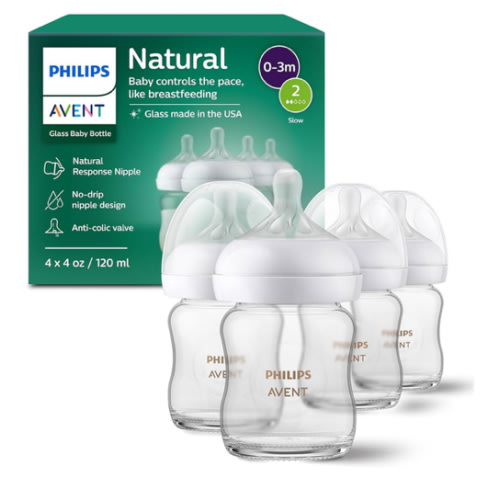 Philips Avent Natural Glass Baby Bottles with Natural Response Nipples (Slow Flow, Flow 2), 4oz, 4-Pack, SCY910/04
