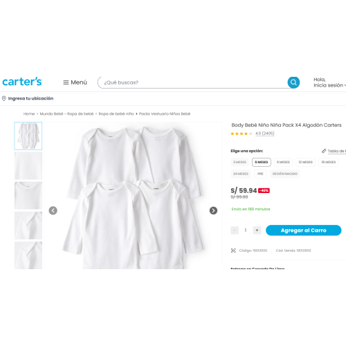 Body Bebé Niño Niña Pack X4 Algodón Carters