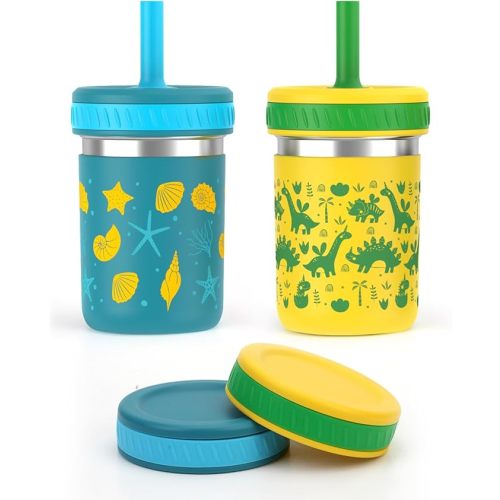 Sursip Toddler Sippy Cups with Straws and Lids, Spill Resistant Stainless Steel Kids Tumbler with Silicone Straws for Smoothie, Drinking, Snacks, BPA-Free, Dishwasher Safe - 10 oz (2 Packs)