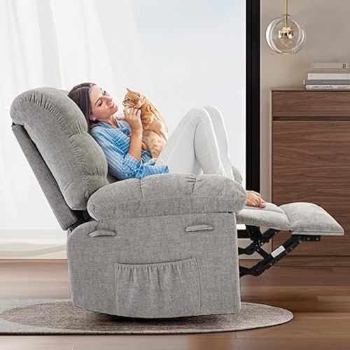 Rocking Recliner Chair with 360° Swivel, Upholstered Fabric Glider Recliner with Side Pockets, Q235 Steel Frame Single Sofa for Living Room, Nursery & Small Spaces – Gray