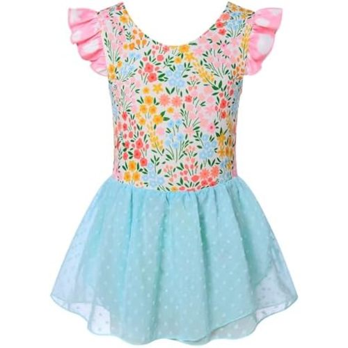 Funnycokid Ballet Leotard for Girls Dance Leotards with Skirt Toddler Ruffle Sleeve Ballerina Outfit