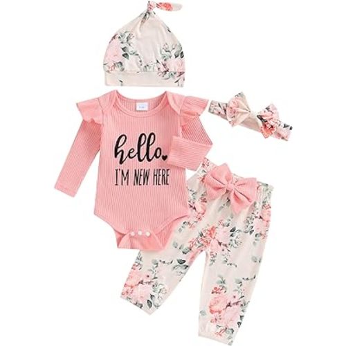 Hello World Newborn Outfit Baby Girl Going Home Outfit Ruffle Ribbed Romper Top Floral Pants Set Cute Summer Clothes