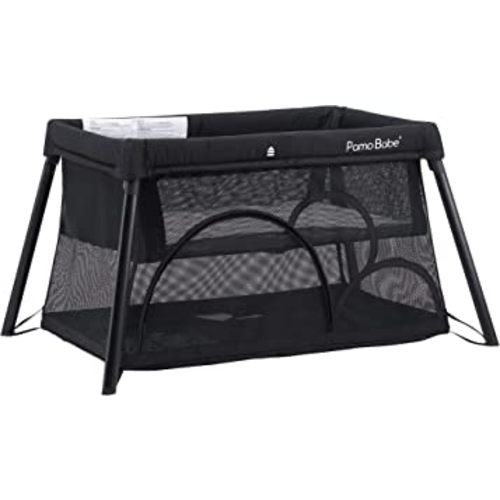 Pamo Babe Portable Crib for Baby Lightweight Playpen, Foldable Travel Playard with Comfortable Mattress for Babies to Toddler (Black)