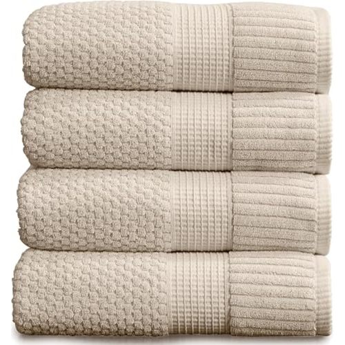 Springtree Home 4 Pack 100% Cotton Bath Towels | Beige Towels | Oeko‑TEX Standard 100 | Soft & Absorbent, Quick‑Dry | Trinity Collection - Sand