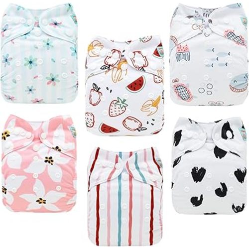 ALVABABY Baby Cloth Diapers 6 Pack with 12 Inserts Cloth Diaper Covers Adjustable Washable Reusable for Baby Girls and Boys 6DM117A
