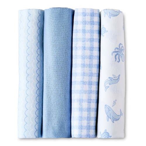 Parent's Choice Blue Sealife Cotton Flannel Receiving Blankets, 4 Pack