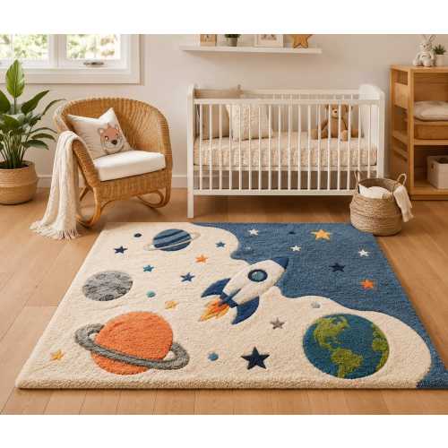 Space Tufted Rug for Kids Room, Rocket Nursery Rug, Outer Space Playroom Carpet, Planet Area Rug, Galaxy Kids Bedroom Decor Plush Space Rug