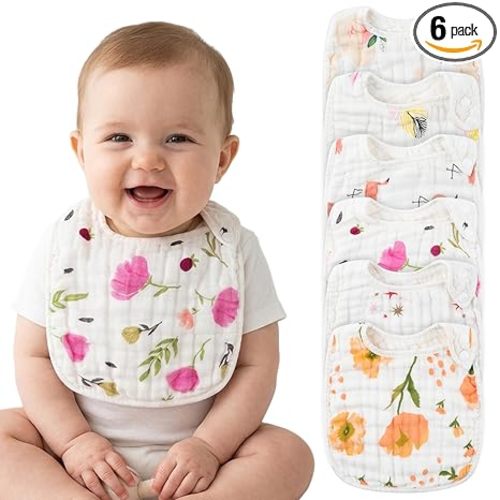 Zainpe 6Pcs Snap Muslin Cotton Bibs for Baby, Flamingo Star Flower Machine Washable Adjustable Burp Cloths with 6 Absorbent Soft Layers for Infant Newborn Toddler Drooling Feeding and Teething
