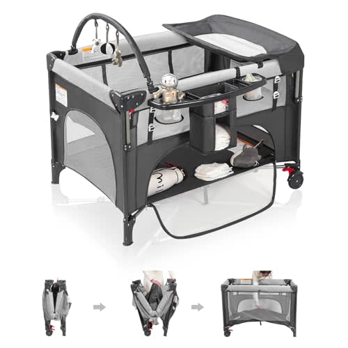 4 in 1 Baby Bassinet Bedside Crib with One-Hand Setup & Waterproof Mattress – ASTM-Certified Pack and Play, Portable Foldable Playard with Diaper Changer for Newborn to Toddler (Grey)