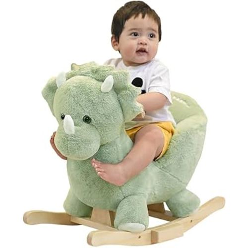Rocking Horse Green Dinosaur with Chair, Plush Stuffed Animal Rocker for Toddlers 1-3, Baby Rocker with Sweet Music, Wooden Rocking Horse Baby Animal Rocker,CPC Certified